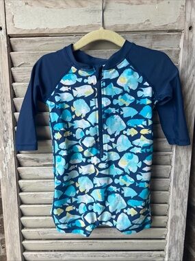 Boys Rugged butts Swim Full Body Swimsuit 6-12 Months Blue Sharks. Excellent